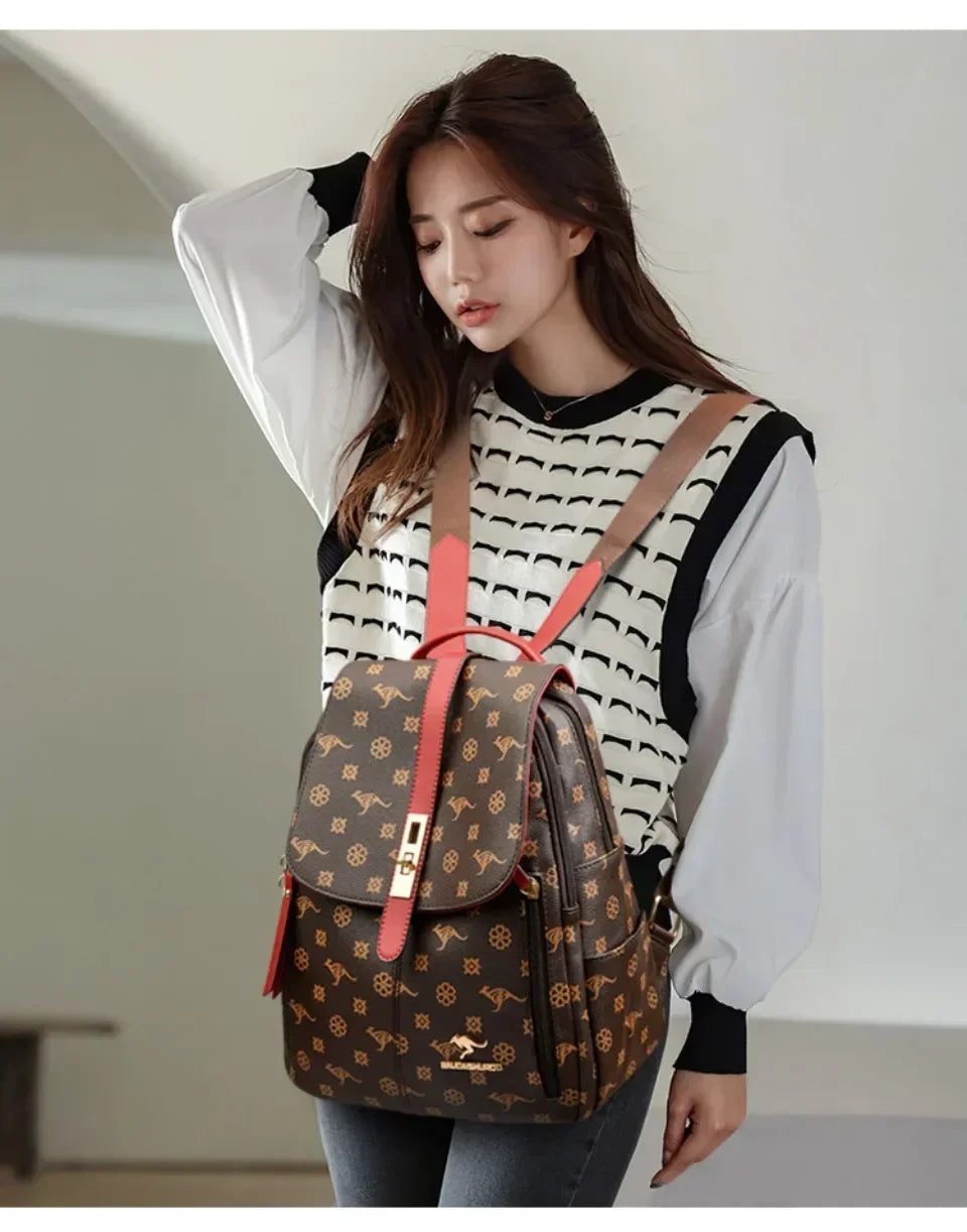 Vintage Printing Women Backpack Large Capacity with Multiple Pockets Casual Daypack Designer Leather Backpack Travel Bagpack