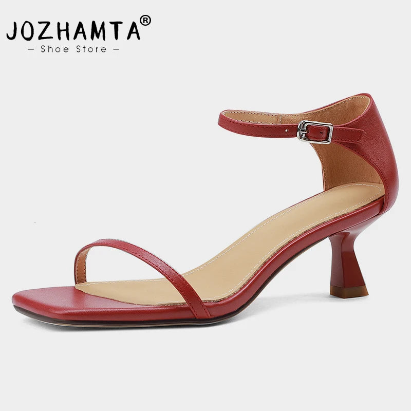 JOZHAMTA Size 33-40 Women Kitten Heel Sandals Real Leather Ankle Strap High Heels Shoes Summer 2025  Party Office Lady Dress